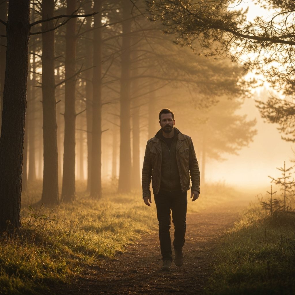 Man walking through misty forest at dawn